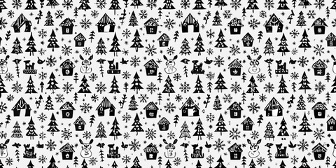 Festive black and white pattern with winter homes reindeer and snowflakes © Polash
