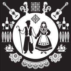 Traditional Portuguese Folk Art Illustration with Couple, Music, Food, and Ships. © Riki