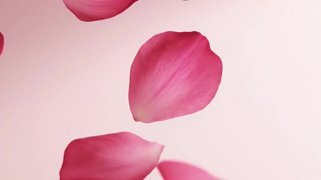 Soft Pink Petals on Minimal Background - Close-up shot showing soft pink rose petals floating in the air against a bright, minimal background.