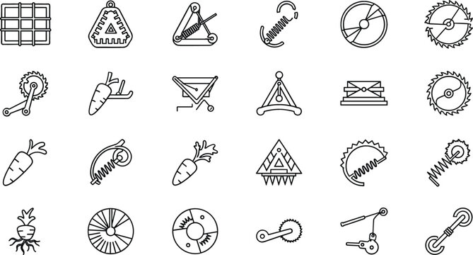Agriculture and Farming Equipment Line Icon Set with Carrot, Saw Blade, Plow Tools, Mechanical Parts, and Industrial Harvest SymbolsAgriculture and Farming Equipment Line Icon Set with Carrot,