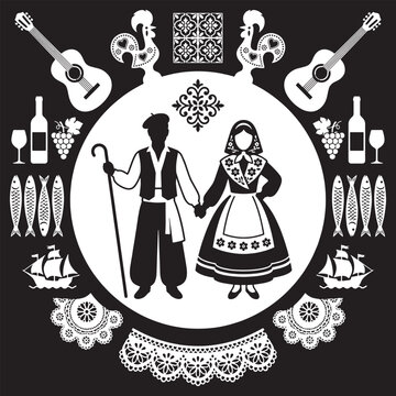 Traditional Portuguese Folk Art Illustration with Couple, Music, Food, and Ships.