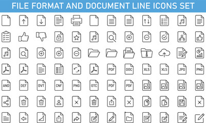File Format and Document Line Icons Set, Folder PDF DOC XLS PNG JPG Outline Vector Collection