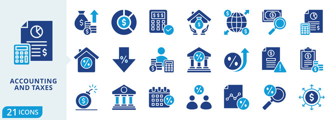 accounting and taxes flat icon pack collection of finance, accounting, tax, budget, business, financial, analysis, investment, economy, money icon