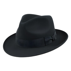 Black fedora hat isolated on white background, classic and vintage fashion accessory concept