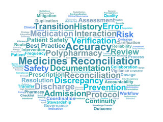 Obraz premium Medicines Reconciliation Word Cloud. Core Concepts for Medication Safety and Care Transitions