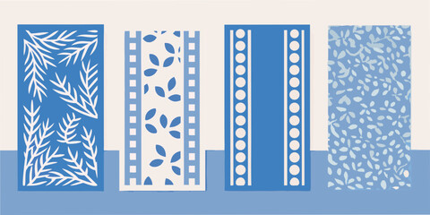 Four blue and white patterned rectangular shapes against a soft background © Tithi