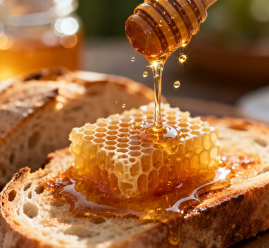 Fresh golden organic honey dripping on honeycomb and crusty bread.