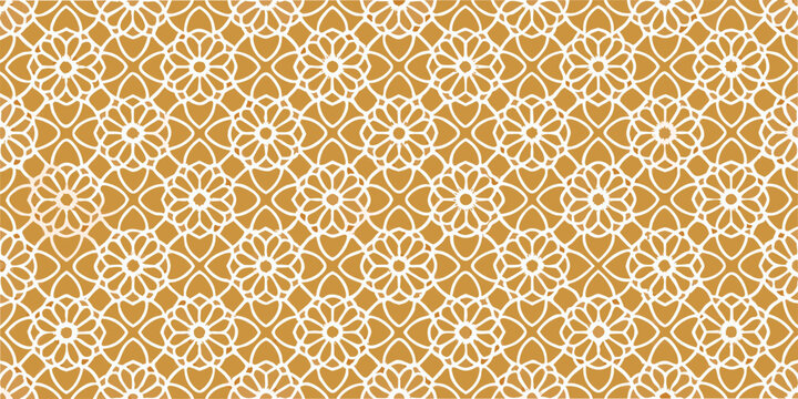Intricate floral pattern with repeating white designs on a golden background