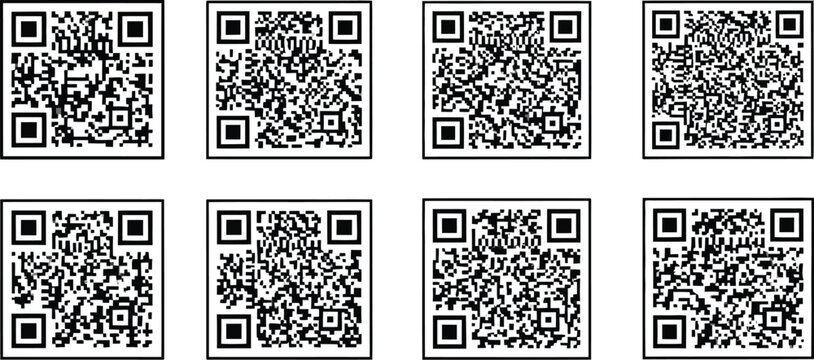 Grid of eight QR codes displayed in a black and white pattern on a plain white background.