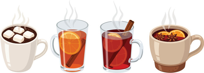 Four steaming hot beverages including cocoa with marshmallows and spiced cider drinks are displayed in clear glasses and mugs.