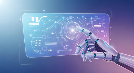 Robotic hand interacting with a futuristic holographic digital interface displaying complex data and graphs.