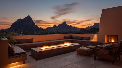 Luxurious outdoor patio features a long modern fire pit overlooking rugged mountain silhouettes at dusk