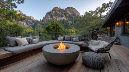 Luxury outdoor entertaining space features a modern fire pit surrounded by plush seating against a rugged mountain backdrop