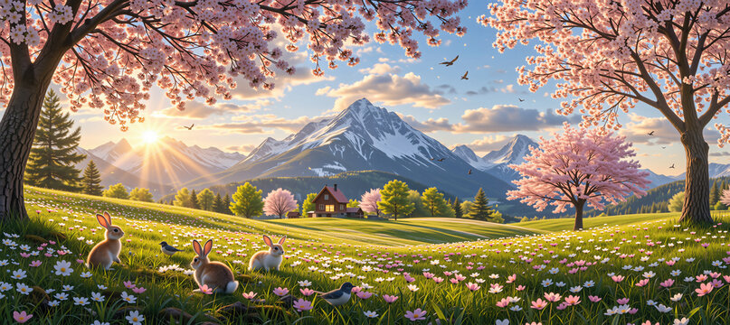 Spring mountain landscape with cherry blossoms, rabbits, and a sunny field