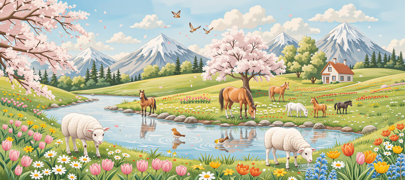 Illustration of spring valley with farm animals, cherry blossoms, and mountains