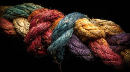 Thick, colorful, braided fibers are tightly interwoven against a dark background