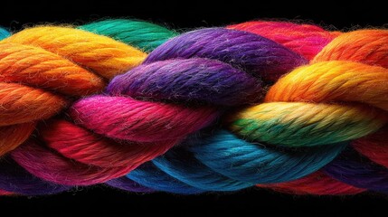 Vividly colored strands of thick cord are tightly woven together in a close up view.