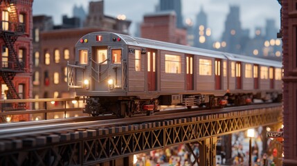 Model commuter train travels along an elevated track structure in a miniature city setting