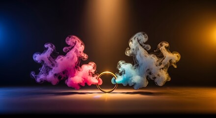 Vibrant smoke rings on dark stage with colorful lights