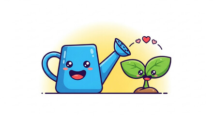Fototapeta premium Smiling Watering Can Nurturing Green Plant with Heart Illustration