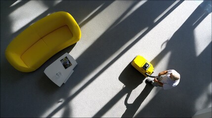 Overhead view captures worker vacuuming carpet near brightly colored furniture under strong diagonal shadows