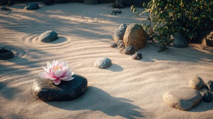 Tranquil arrangement of raked sand, smooth stones, and a blossoming flower in a serene garden setting