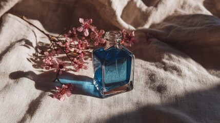 Clear glass container holding blue liquid rests beside delicate pink blossoms on draped fabric under sunlight