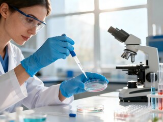 Fototapeta premium Scientist Using Pipette with Petri Dish