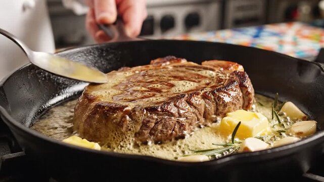 A delicious ribeye steak is basted with melting butter in a hot cast iron