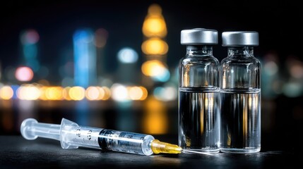 Medical supplies including filled glass vials and a disposable syringe rest on a dark surface against a cityscape backdrop at night.