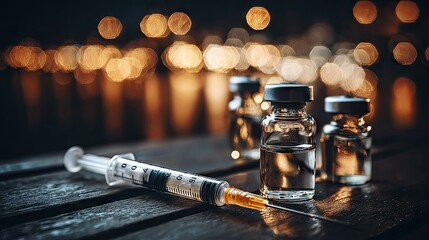 Medical injection equipment rests upon a dark wooden surface with glowing background lights.
