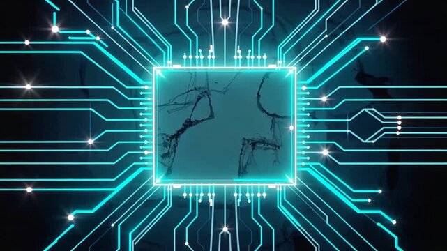 Neon Blue Microchip Circuitry In Futuristic Processor Scene.