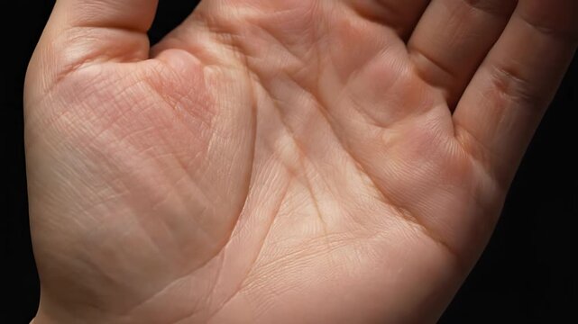 Close-up of a human palm showing intricate lines and patterns, hinting at palmistry and destiny, with soft lighting against a dark background