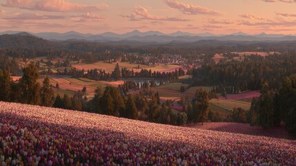 Expansive valley landscape features a dense field of colorful blossoms overlooking a quaint settlement nestled among rolling hills and distant mountains.