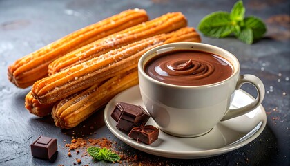 A steaming cup of rich chocolate accompanied by sweet churros
