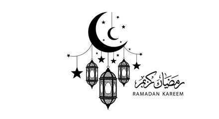 Vector illustration of Ramadan Kareem greeting with crescent moon, lanterns, and stars on a white background, conveying a festive and cultural mood.
