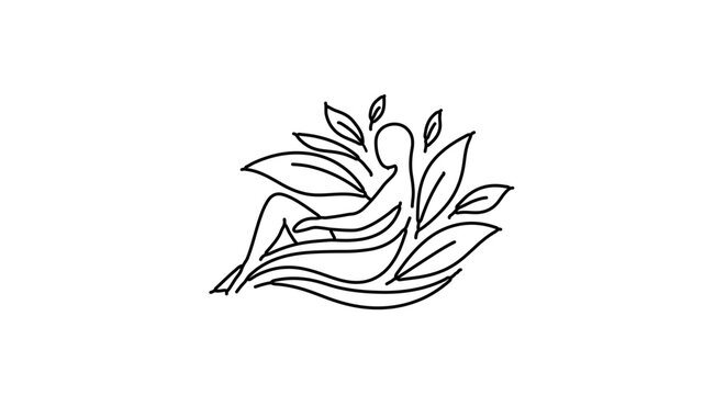 Rounded Human Wellness Icon Figure in Relaxed Pose Surrounded by Leaves