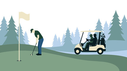 Minimalist golf course scene with player putting and golf cart © StockStudio
