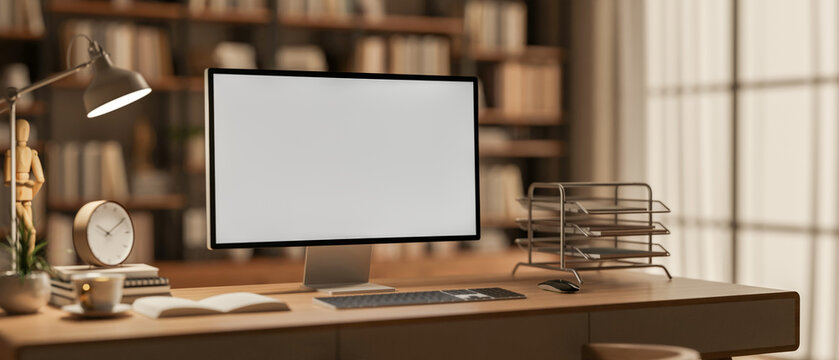 White screen computer with coffee and clock on table across wall bookshelf in working or study room.