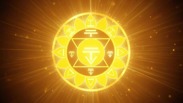 Golden Sun Chakra Symbol with Radiant Energy and Floating Particles