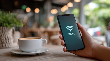Person holds mobile device displaying wireless internet connection icon near beverage in establishment