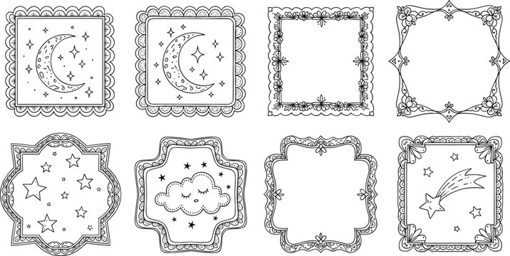 Hand drawn celestial frames and mystical borders set with crescent moon stars cloud and shooting star icons for bullet journal and stationery.