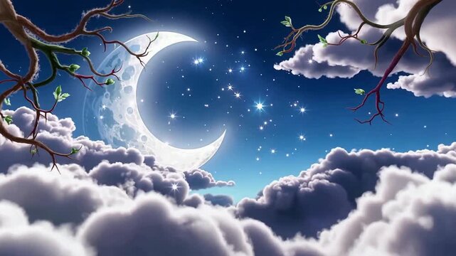 Dreamy Night Sky With Crescent Moon And Clouds.