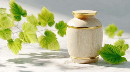 Elegant wooden container with gold accents rests beside vibrant green foliage on a sunlit surface