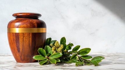 Richly grained wooden container with a gold band rests beside green foliage against a textured background.