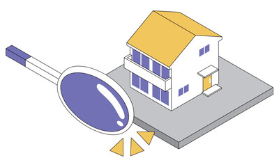 マイホームの査定や中古住宅調査の一戸建ての建物点検と住宅診断のアイソメトリックイラスト