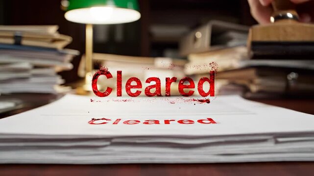 Close up of hand stamping white document with red cleared ink stamp in office or law firm