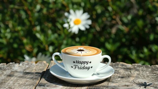 happy friday coffee cup stand on table on sunny day