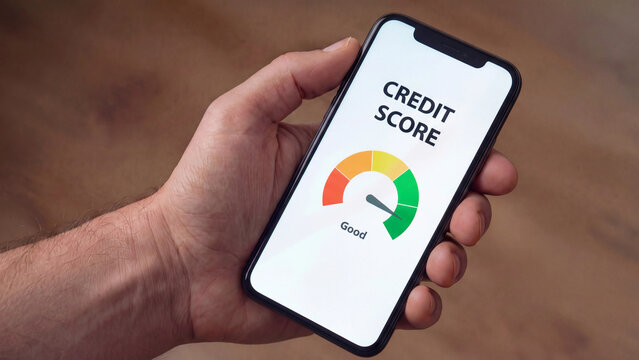 Personal financial health management and consumer creditworthiness evaluation through mobile credit score rating gauge showing good lending eligibility and responsible debt repayment history tracking