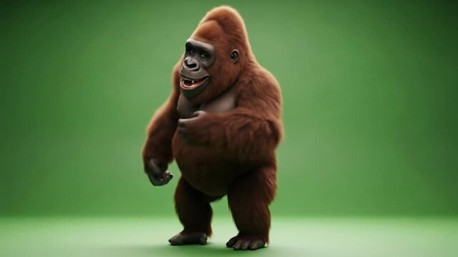 Happy Cartoon Gorilla Dancing and Waving Arms on Green Screen Background